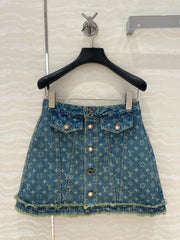 LV Bear Border Denim Skirt Blue Cotton