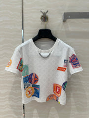 LV  Pattern Logo Positioning Poster Badge Printed  Croptop Shirt White Cotton