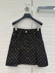 LV 25 Classic Logo Denim Skirt Black Cotton