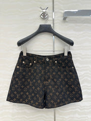 LV 25 Classic Logo Denim Shorts Black Cotton