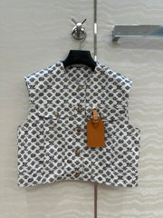 LV 25 Modern Logo Denim Vest Jacket Black White Poliester