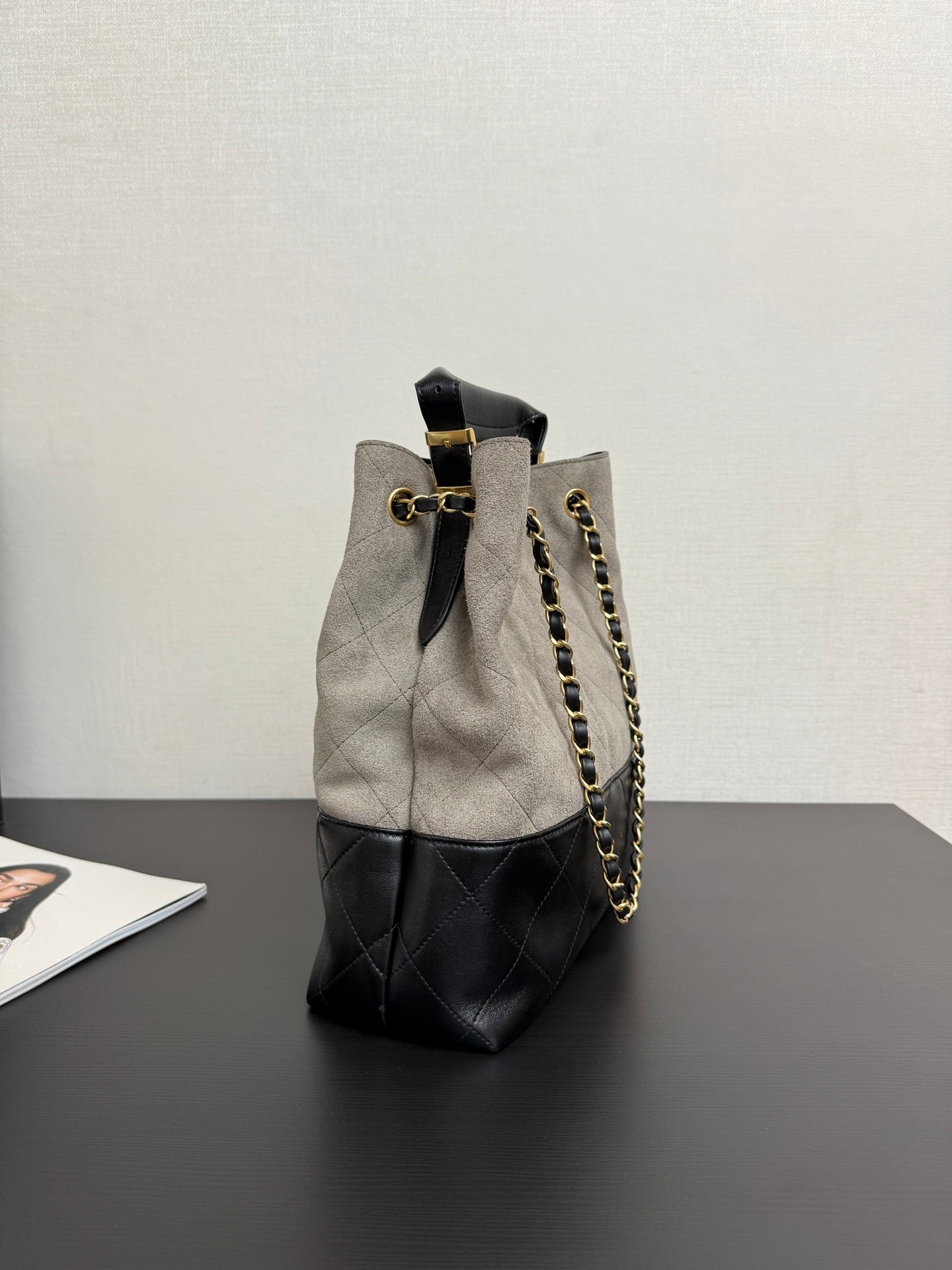 CC 25A Tote 28cm Grey Suede Black Calfskin