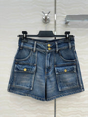 Celine Arc de Triomphe Metal Buckle Denim Shorts Blue Cotton