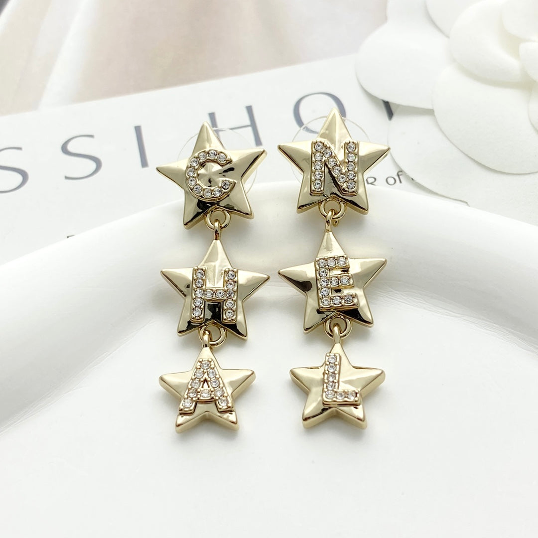 CC Light Gold Double C 3 Star Earrings