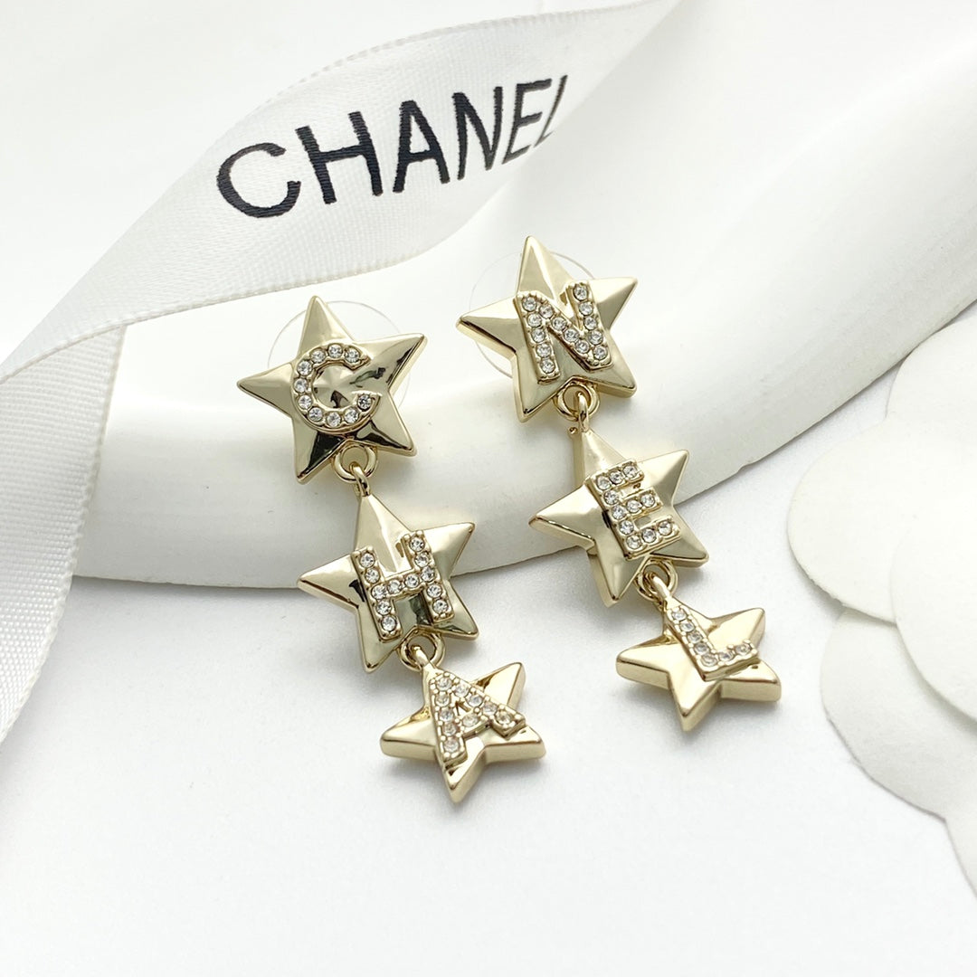 CC Light Gold Double C 3 Star Earrings