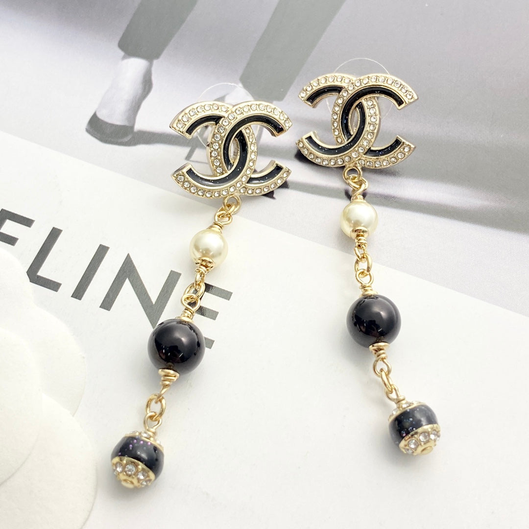 CC Black and Gold Rhinestone Double C Tassel Pearl Earrings