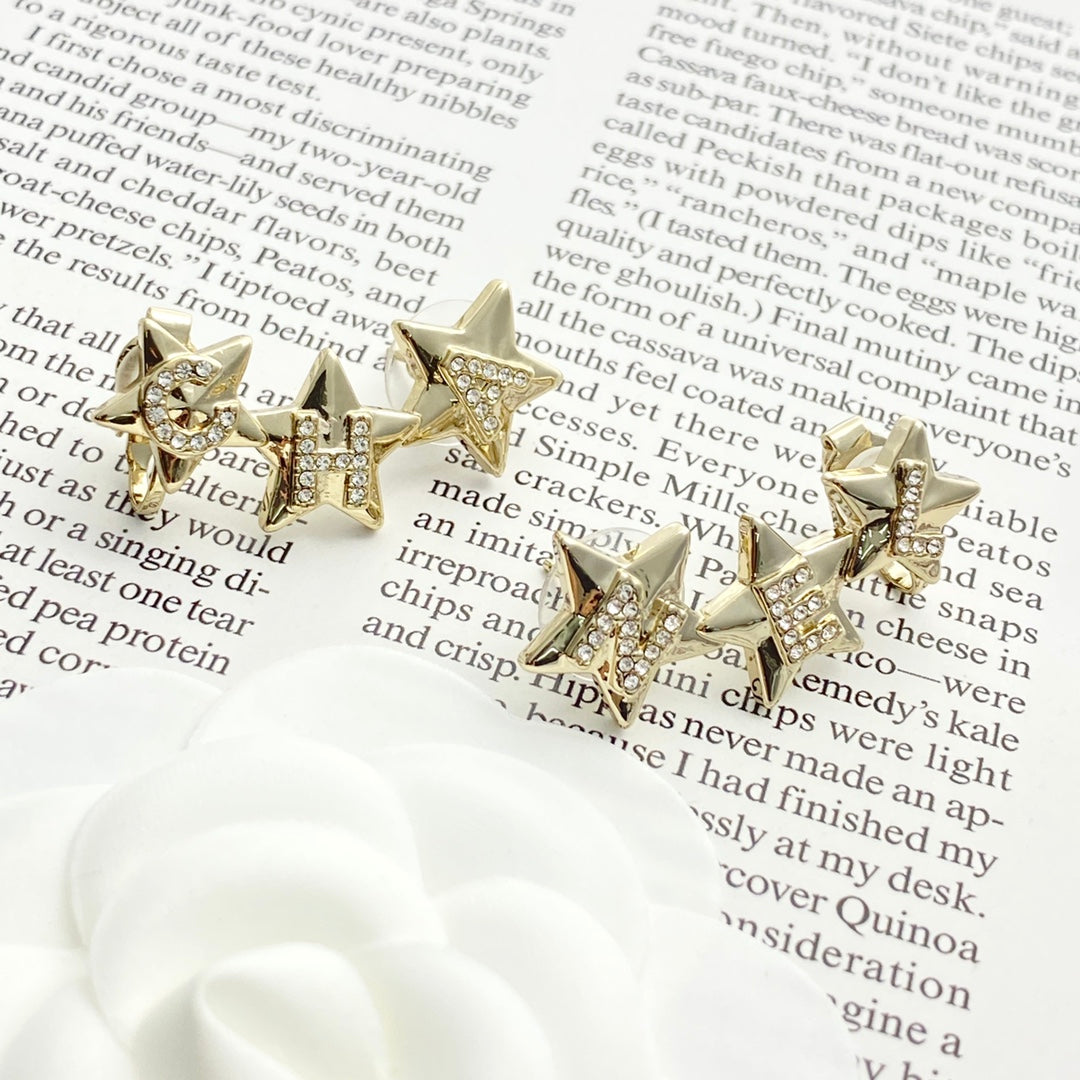 CC  Full Diamond Light Gold 3 Star Stud Earrings