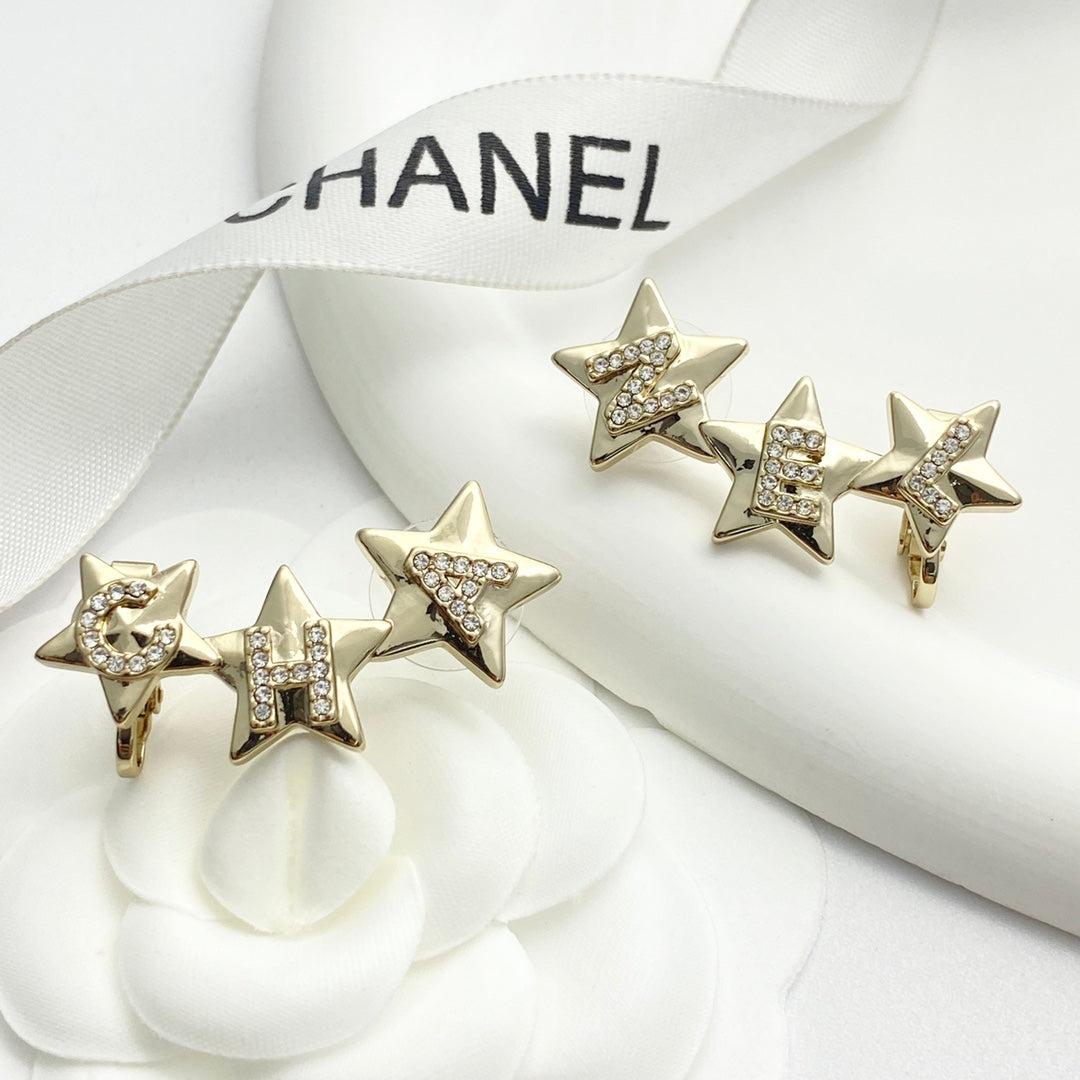 CC  Full Diamond Light Gold 3 Star Stud Earrings