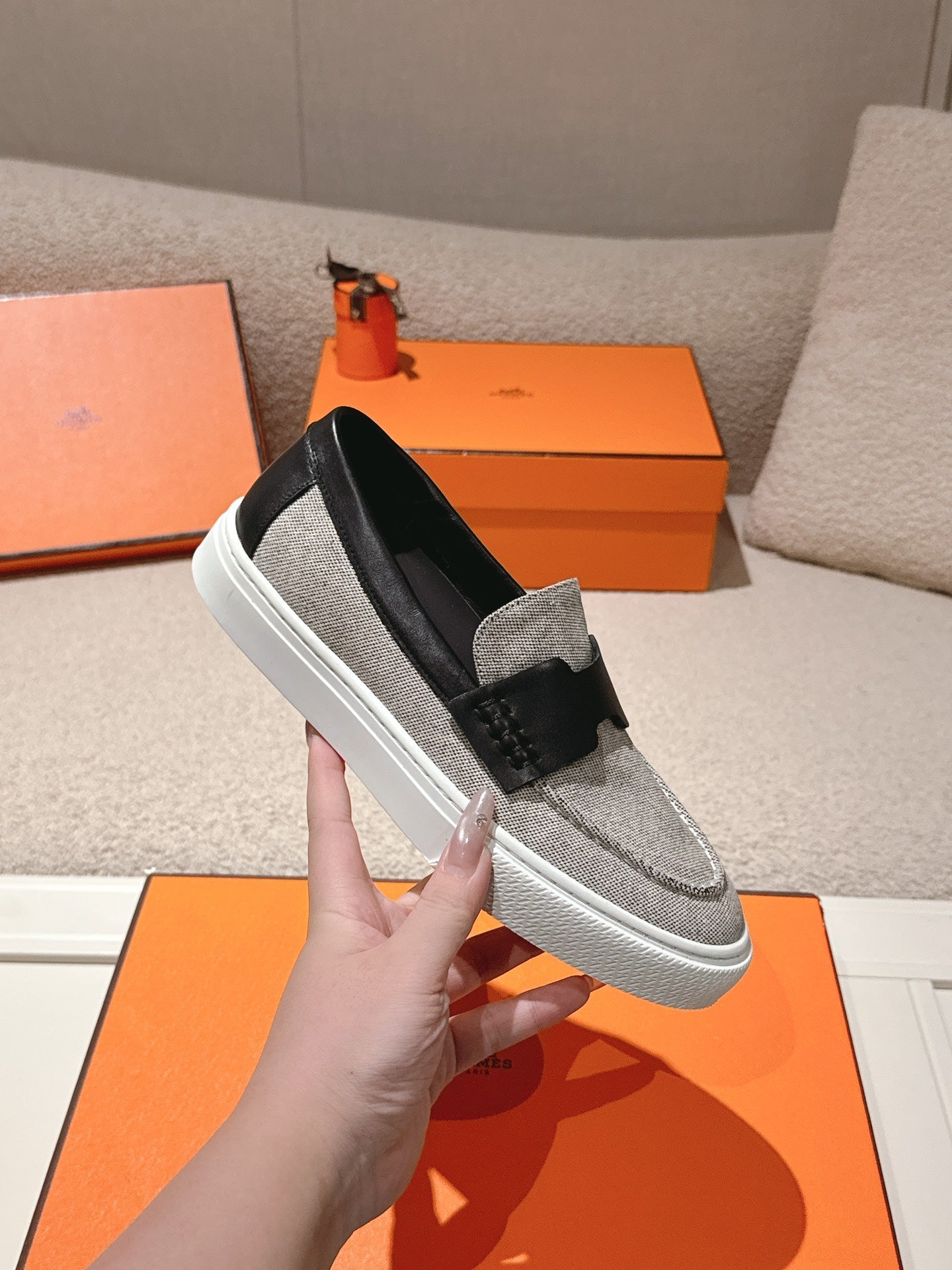 HM 25ss Platform Loafers Gray Black Denim Cowhide 577165