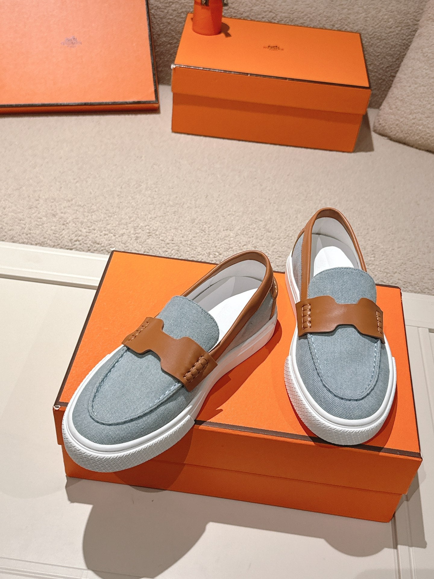 HM 25ss Platform Loafers Light Blue Brown Denim Sheepskin 577170