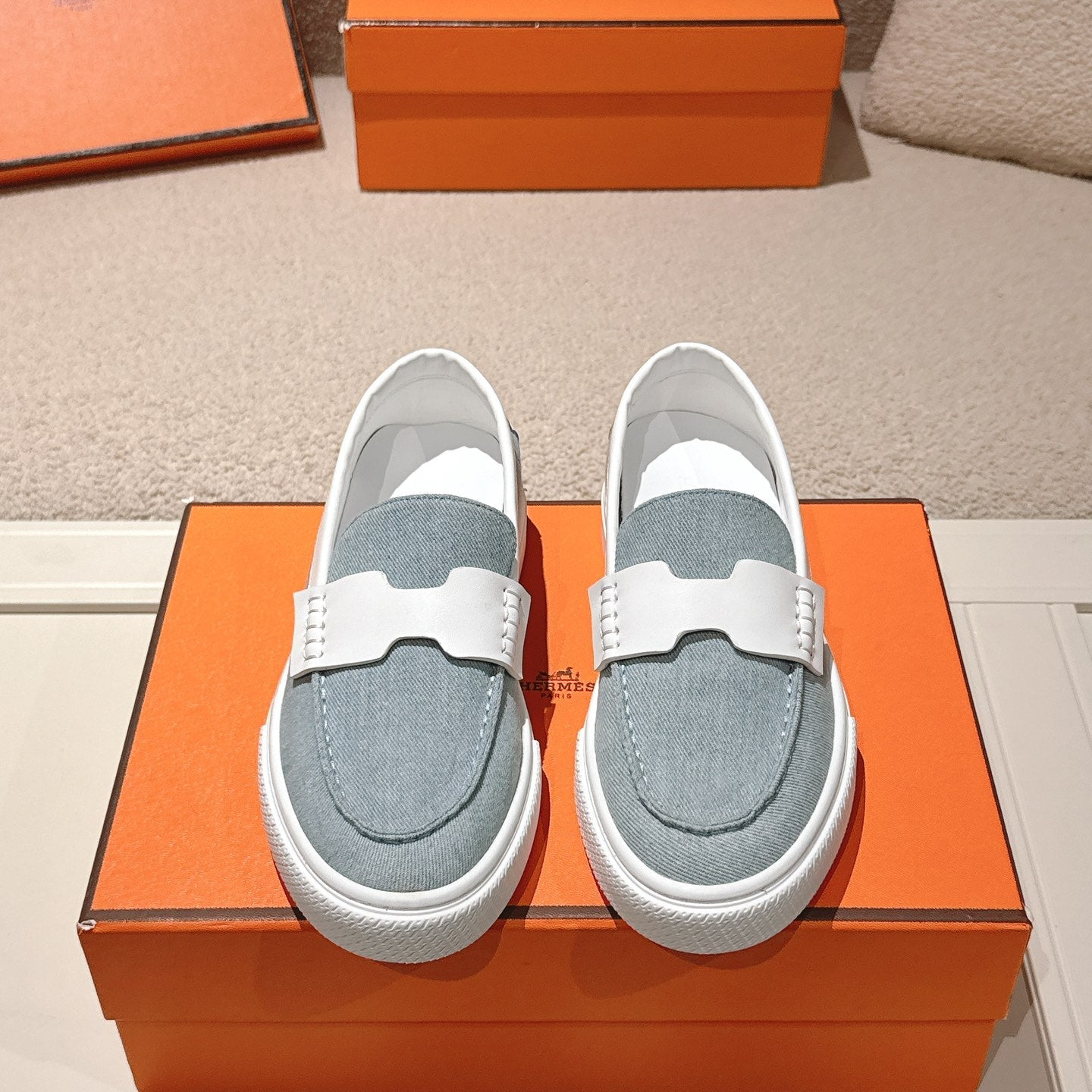 HM 25ss Platform Loafers Light Blue White Denim Sheepskin 577169