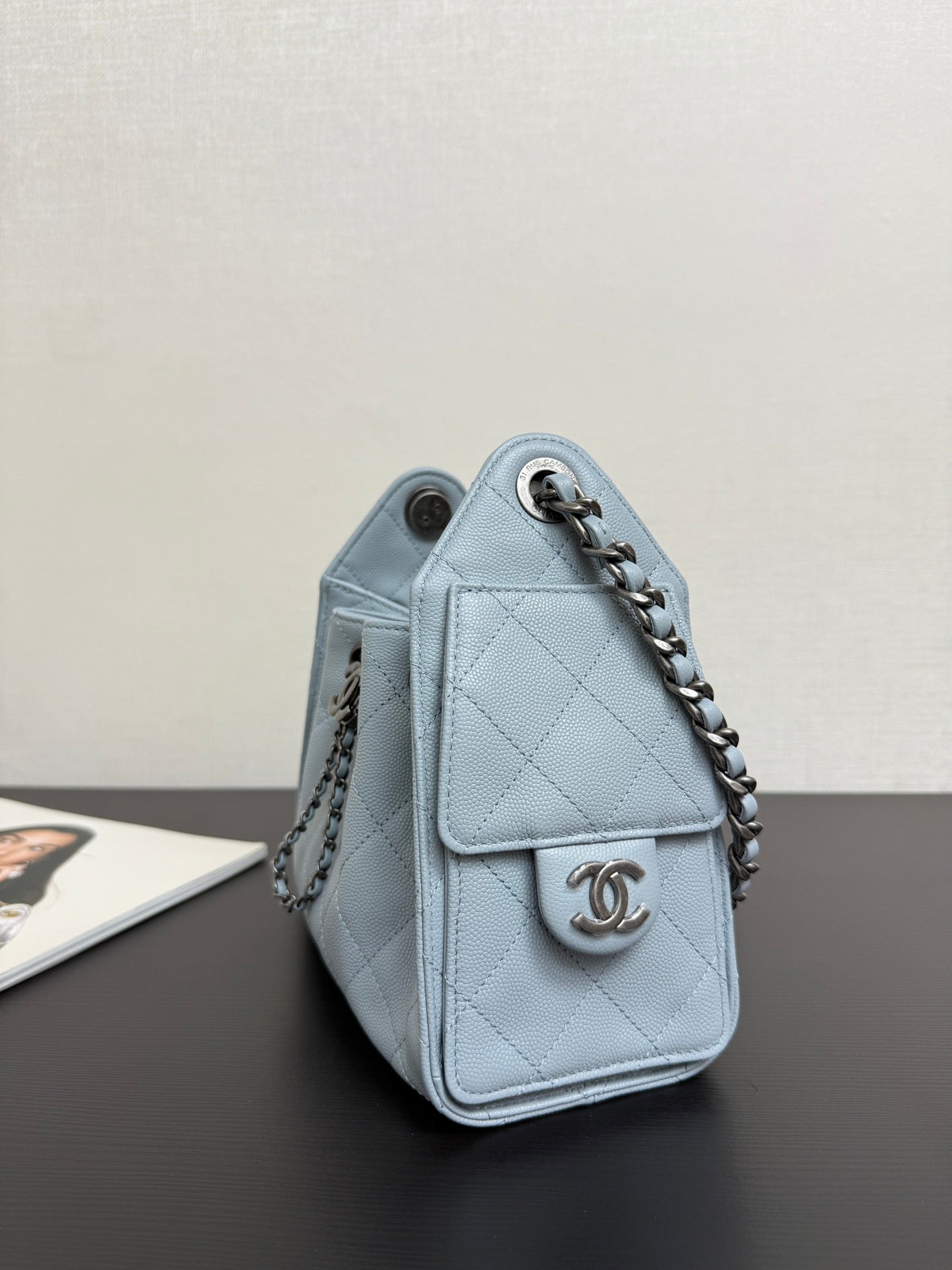 Chanel 2026 Hobo Bag 22cm Light Blue Grained Calfskin With Silver Hardware
