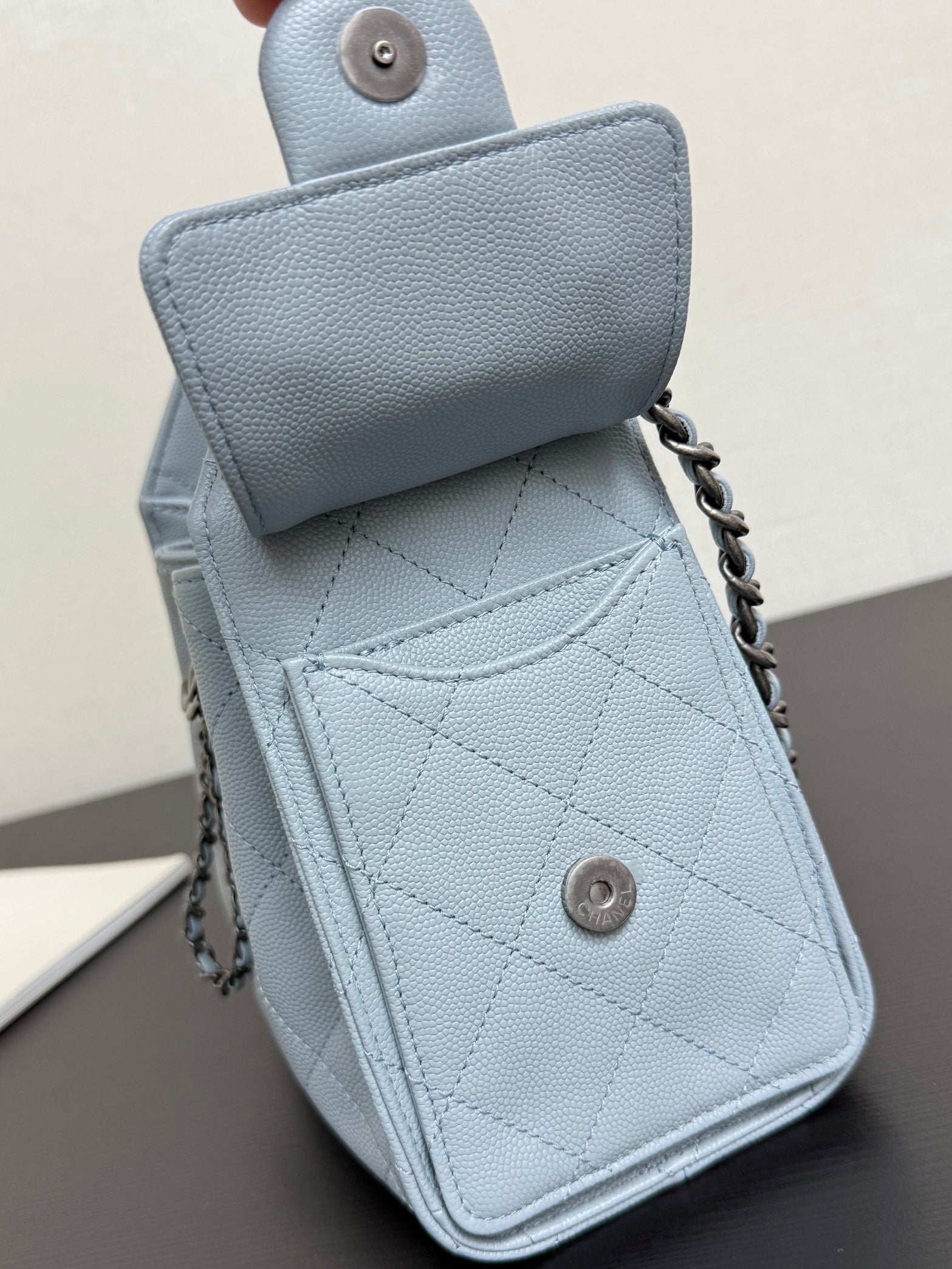 Chanel 2026 Hobo Bag 22cm Light Blue Grained Calfskin With Silver Hardware