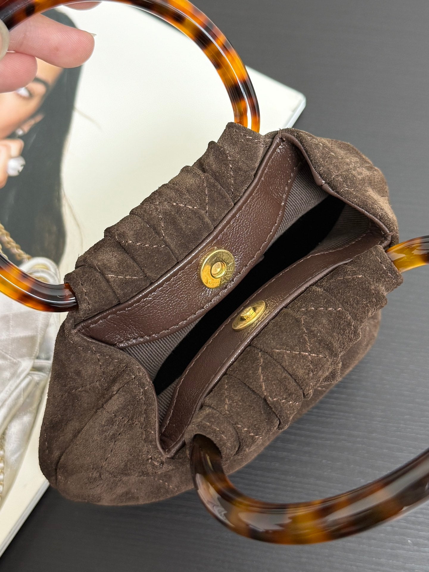 Chanel 2026 Pouch 24cm Brown Tortoiseshell Suede Effect Plexi