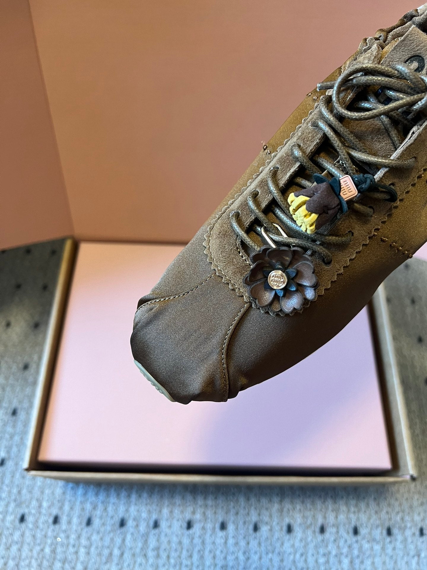 Miu Miu 2026  Plume Sneaker With Floral Charm Brown Satin 621344