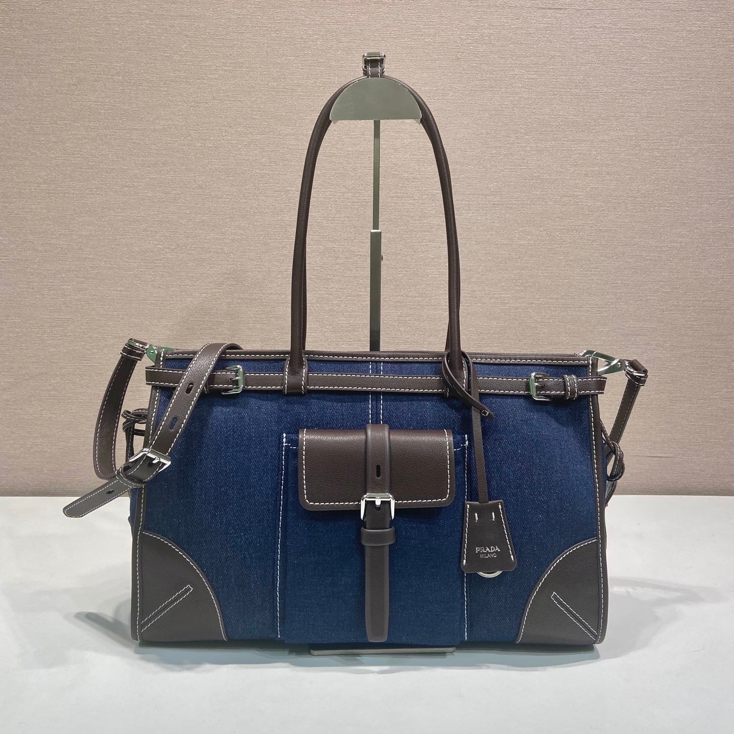 Prada 2026 Bonnie Bag 38cm Blue Brown Denim Leather 351797