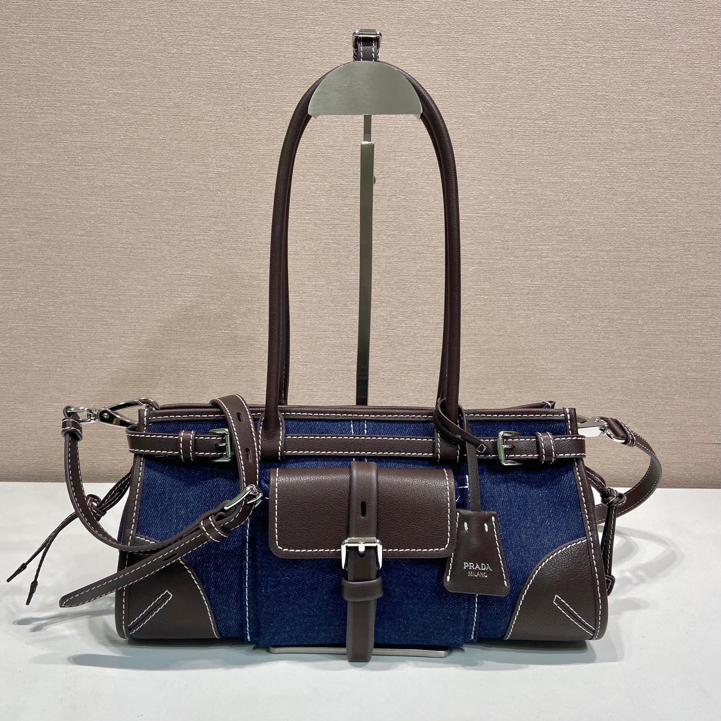 Prada 2026 Bonnie Bag 32cm Blue Brown Denim Leather 351805