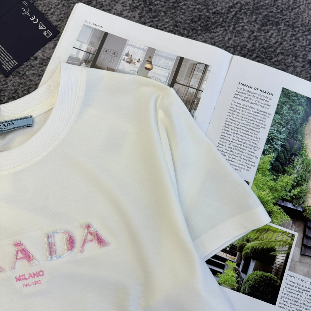 Prada 2026 T-shirt Cream Black Blue Cotton 359319