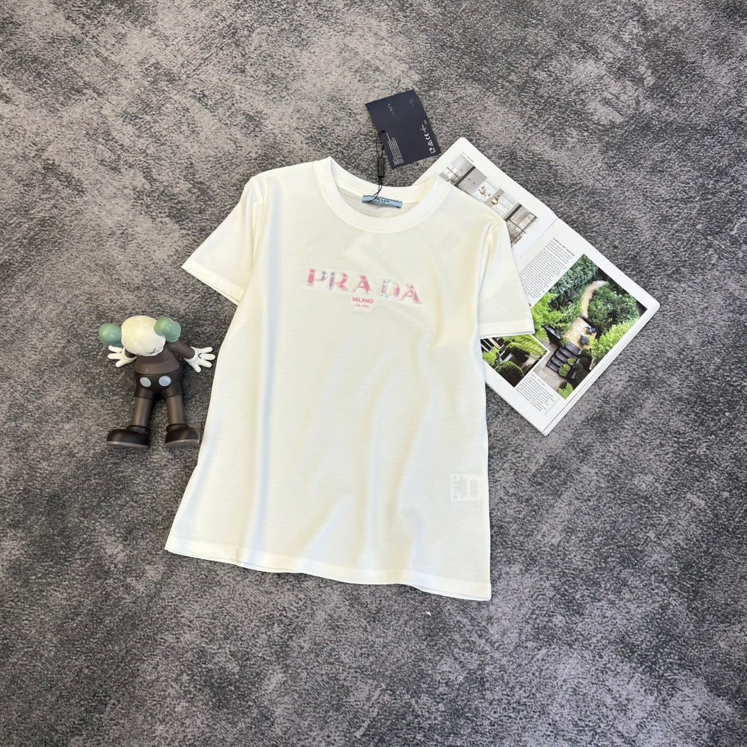 Prada 2026 T-shirt Cream Black Blue Cotton 359319