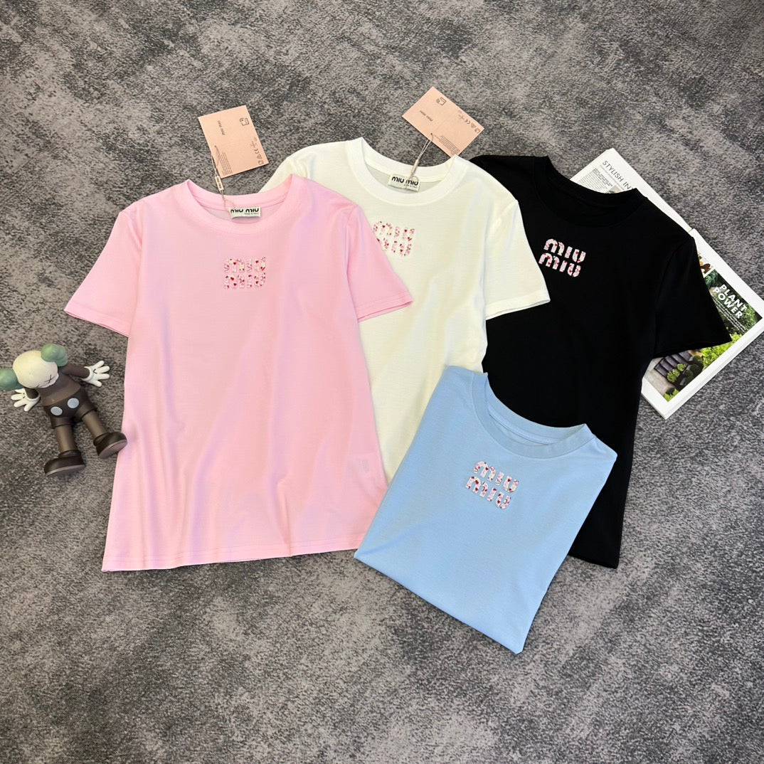 Miumiu 2026 T-shirt White Black Pink Blue Cotton 359284