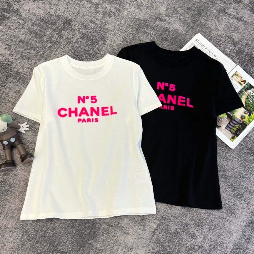 Chanel 2026 Pink Letter T-shirt White Black Cotton 359108