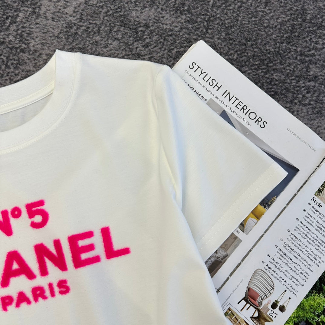 Chanel 2026 Pink Letter T-shirt White Black Cotton 359108