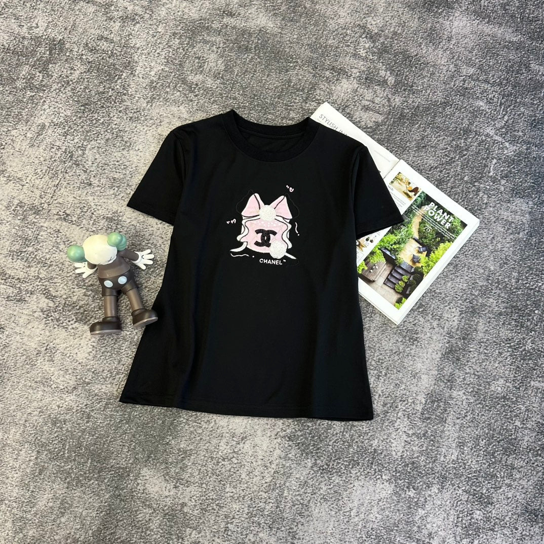 Chanel 2026 Pink Bow T-shirt White Black Cotton 359123
