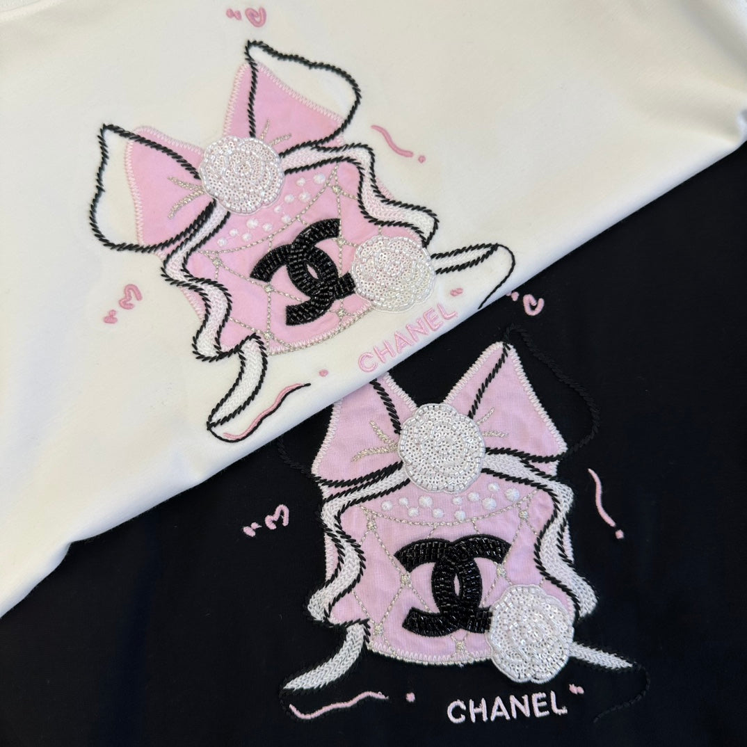 Chanel 2026 Pink Bow T-shirt White Black Cotton 359123