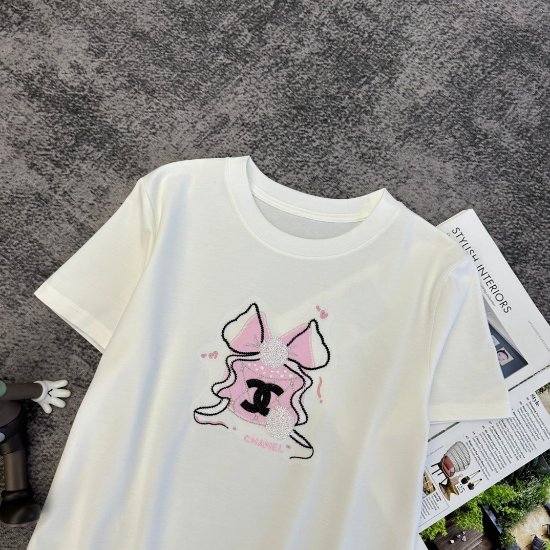 Chanel 2026 Pink Bow T-shirt White Black Cotton 359123