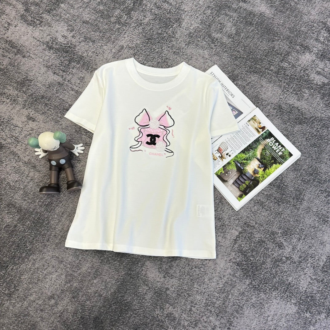 Chanel 2026 Pink Bow T-shirt White Black Cotton 359123