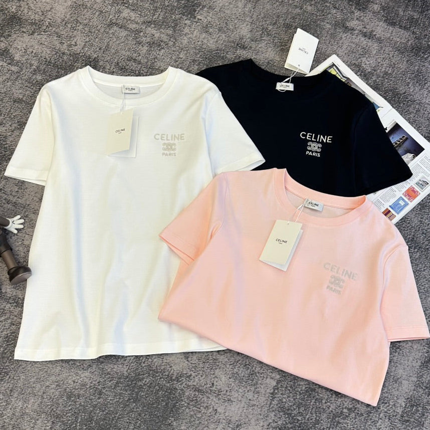 Celine 2026 T-Shirt Black Light Pink White Cotton 359141