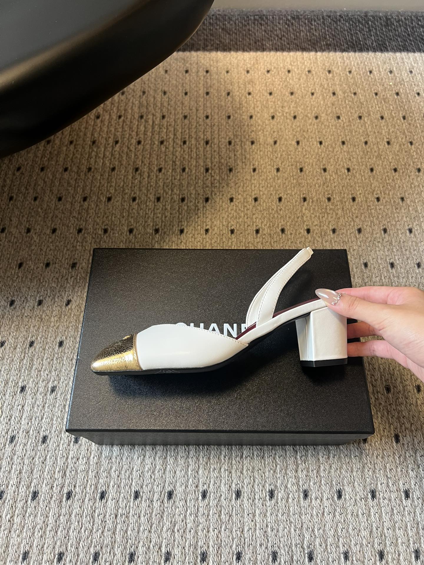 Chanel 2026 Square Toe Slingback 50mm White Gold Leather 719382