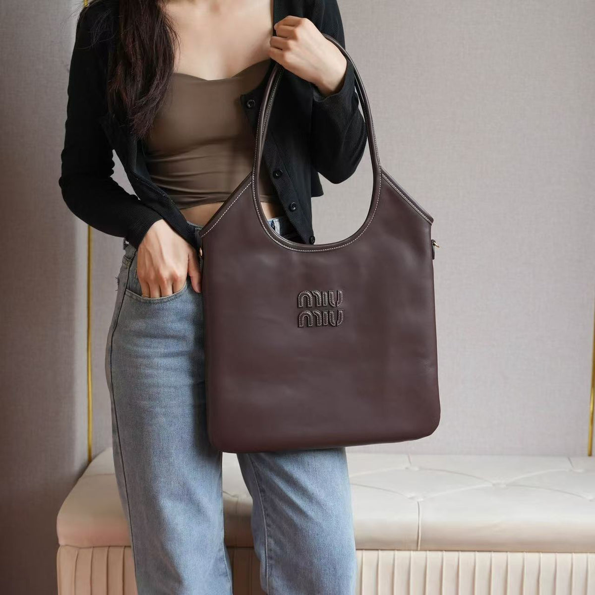 Miumiu 2026 Ivy 40 Tote Bag Dark Brown Leather