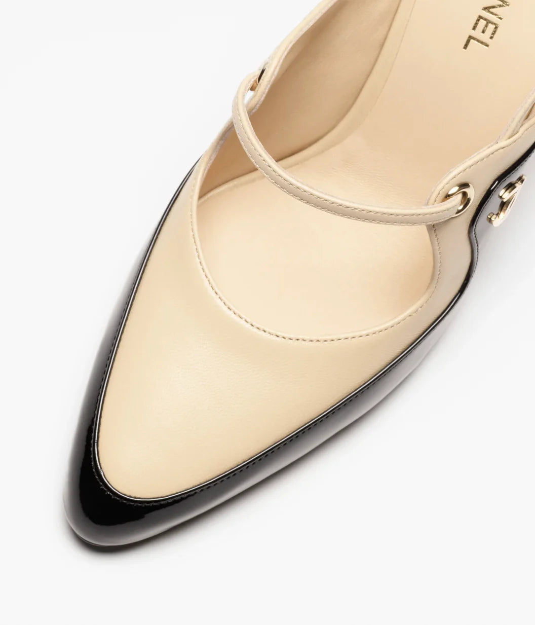 Chanel 2026 Two-Tone Slingback 70mm Black Beige Patent Leather