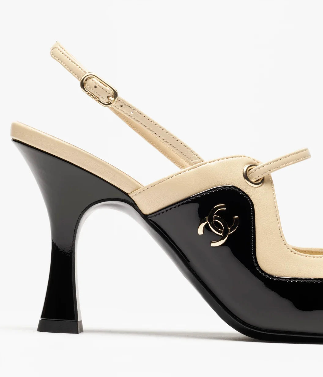 Chanel 2026 Two-Tone Slingback 70mm Black Beige Patent Leather