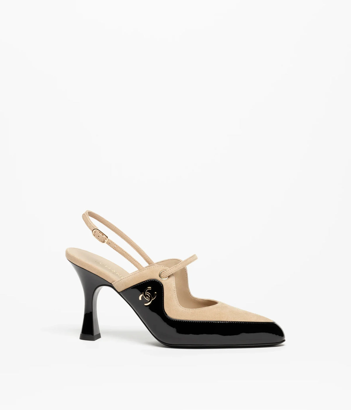 Chanel 2026 Two-Tone Slingback 70mm Black Beige Patent Leather