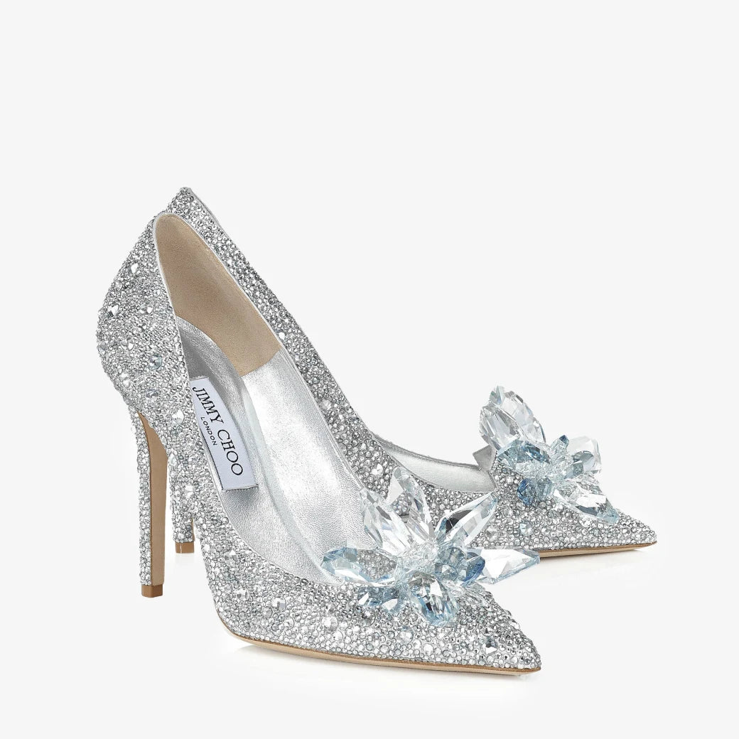 Jimmy Choo Avril Crystal Covered Pointy Toe Pump 85mm Silver Blue Leather