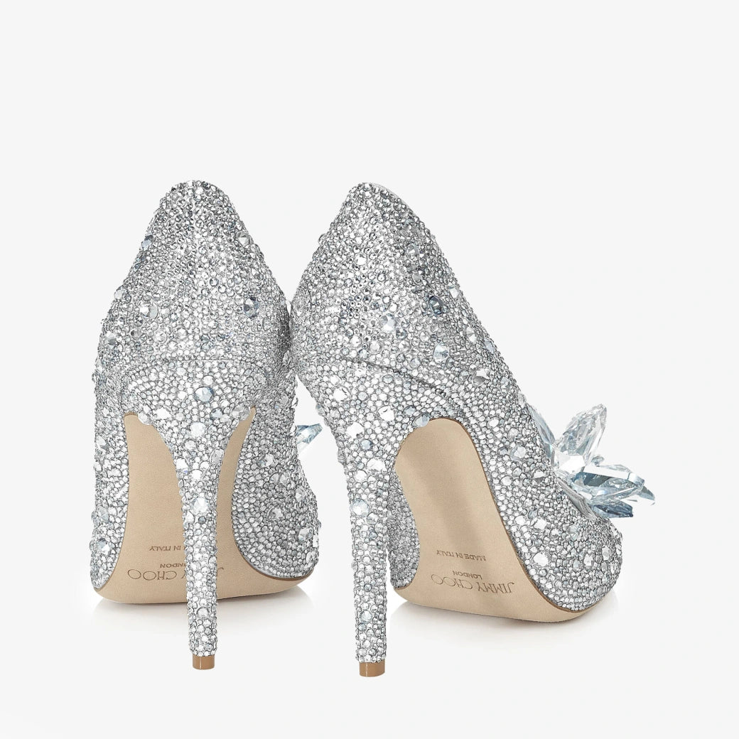 Jimmy Choo Avril Crystal Covered Pointy Toe Pump 85mm Silver Blue Leather