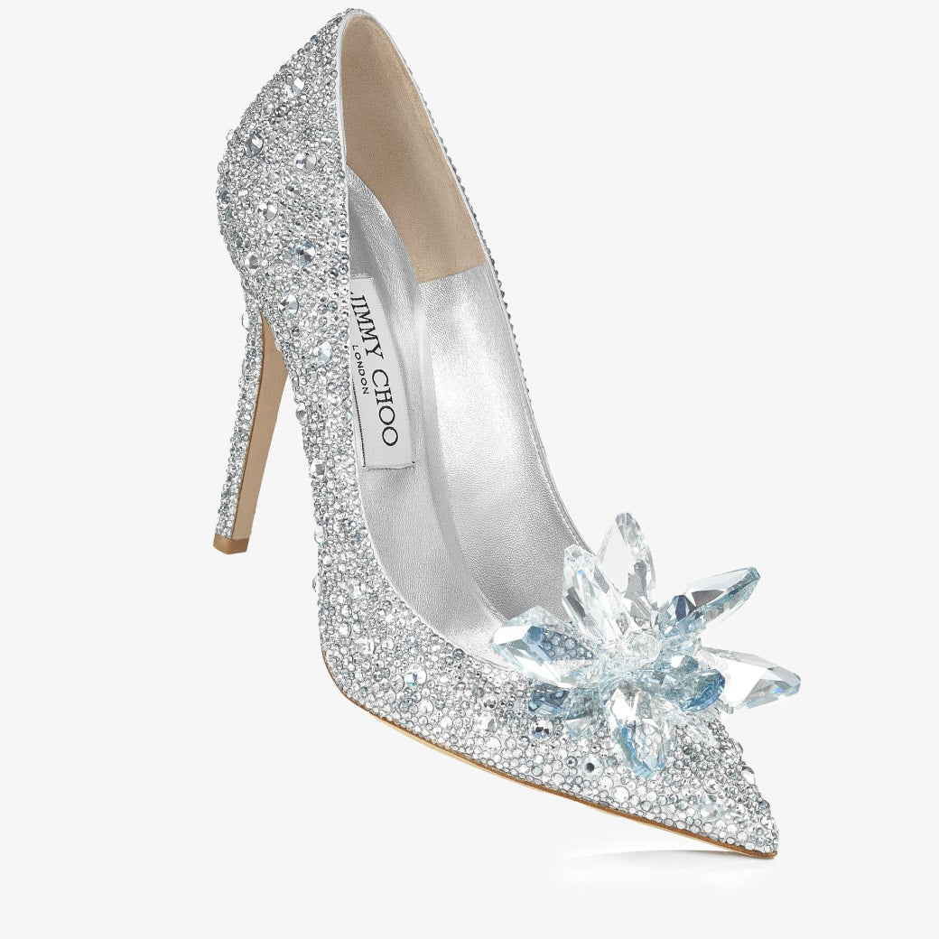 Jimmy Choo Avril Crystal Covered Pointy Toe Pump 85mm Silver Blue Leather