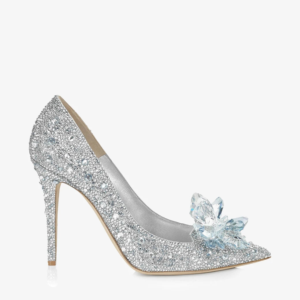 Jimmy Choo Avril Crystal Covered Pointy Toe Pump 85mm Silver Blue Leather