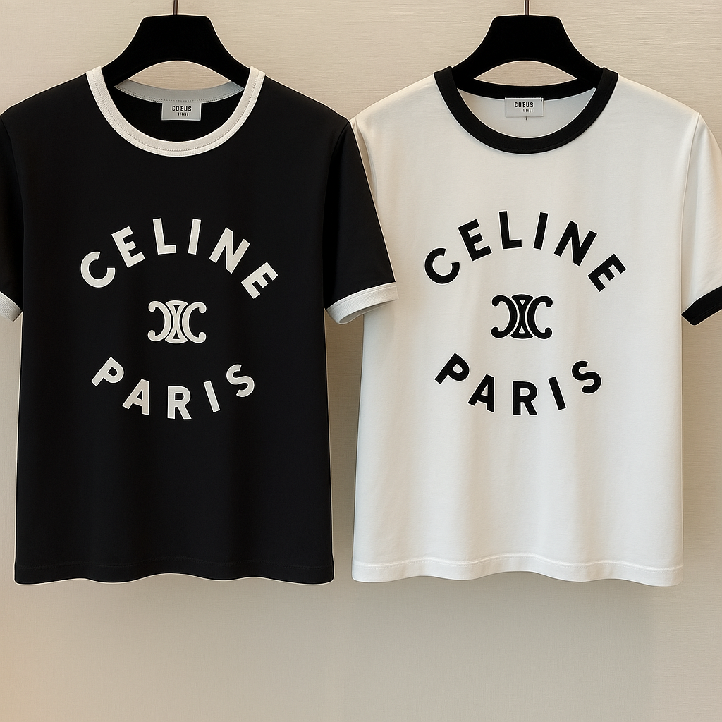Celine Letter Logo Short-sleeved T-shirt Black and White Cotton