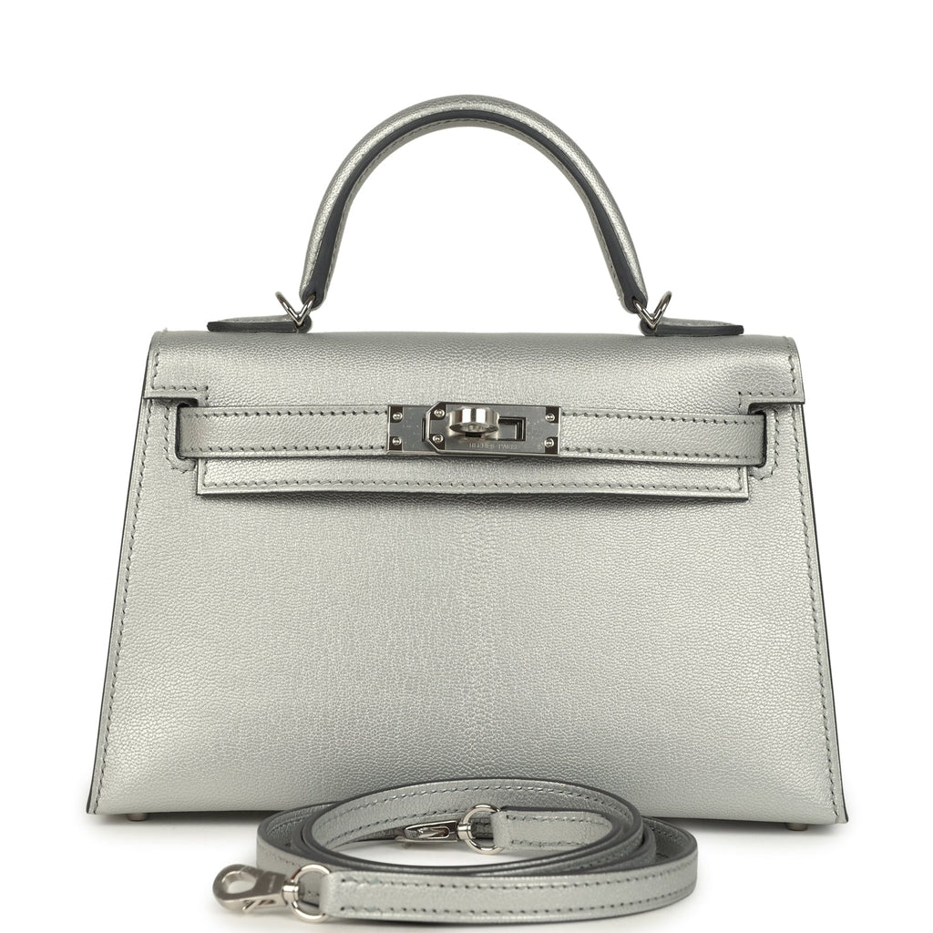 Hermes Mini Kelly II 20 Argente Chevre Chamkilight Bag Metallic Silver Lambskin