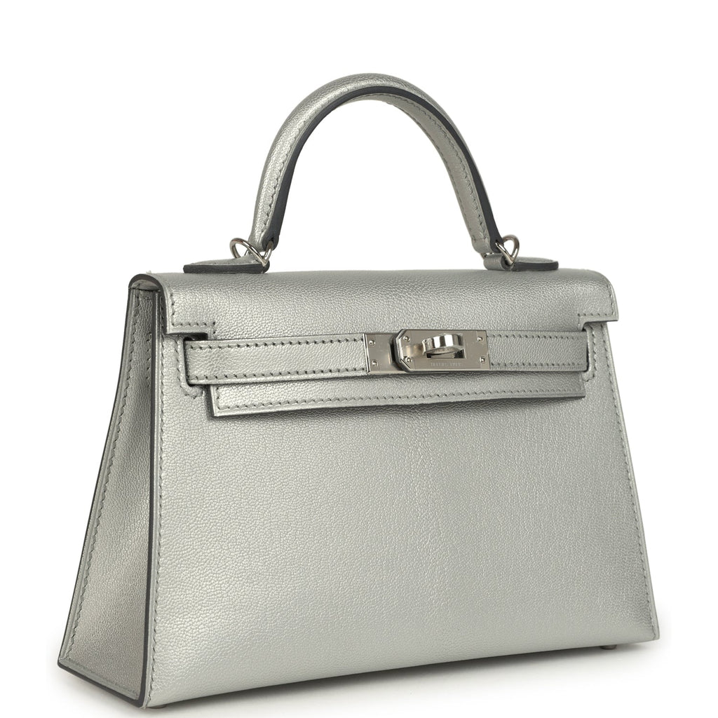Hermes Mini Kelly II 20 Argente Chevre Chamkilight Bag Metallic Silver Lambskin