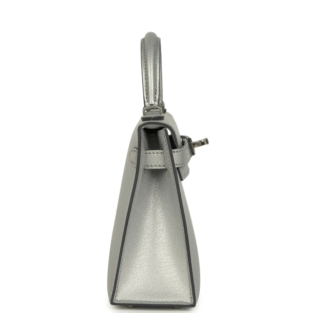Hermes Mini Kelly II 20 Argente Chevre Chamkilight Bag Metallic Silver Lambskin