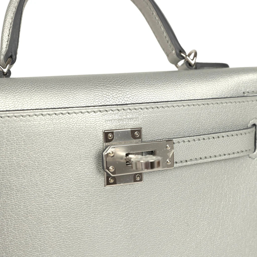 Hermes Mini Kelly II 20 Argente Chevre Chamkilight Bag Metallic Silver Lambskin
