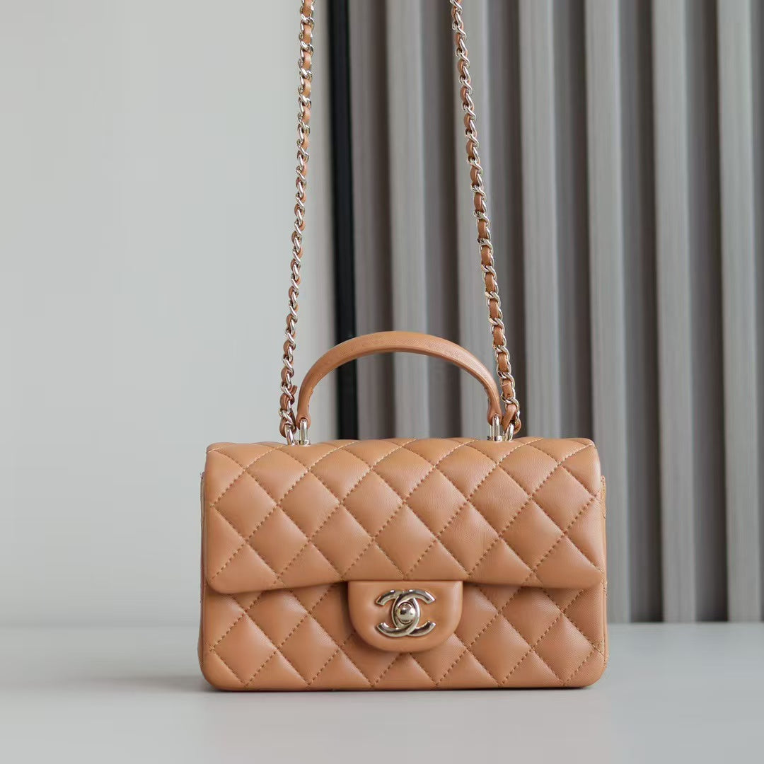 Mini Flap Bag With Top Handle 20cm Brown Lambskin Light Gold Hardware