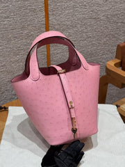 Picotin Lock Pink Ostrich Gold Hardware