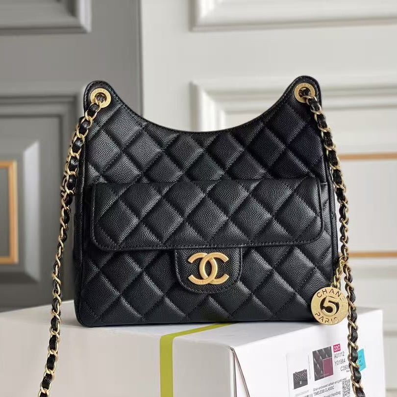Chanel Hobo Bag Black Gold Calfskin