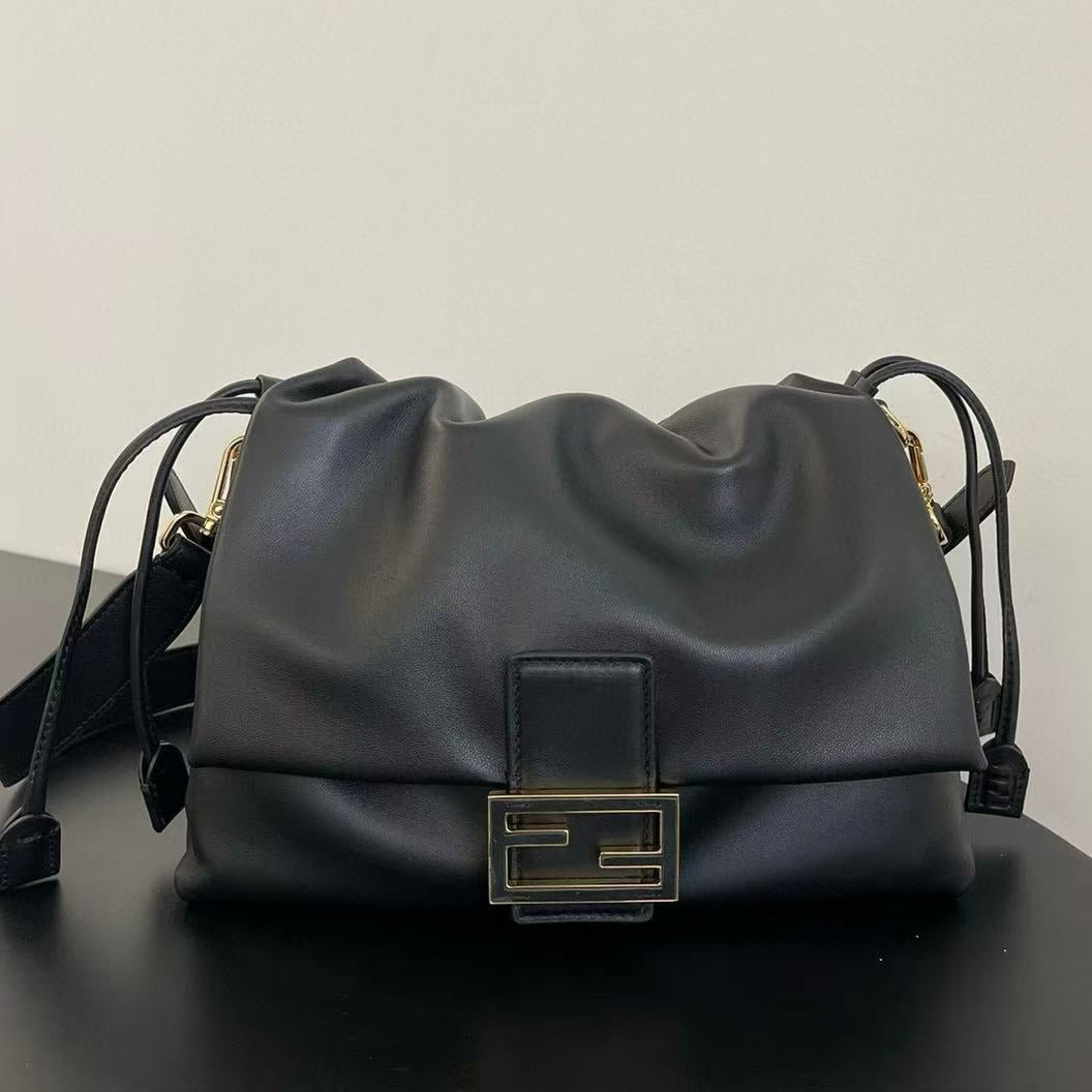 Fendi Mamma Baguette Drawstring Shoulder Bag Black Nappa Leather