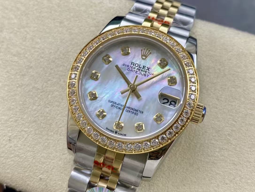 Datejust 28mm Gold Steel Diamond Bezel White Mop Dial